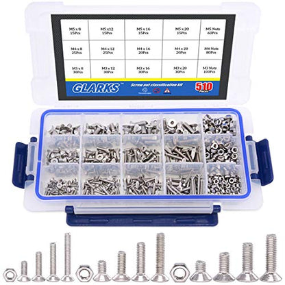 Glarks 510Pcs Metric M3 M4 M5 304 Stainless Steel Flat Head Countersunk Socket Cap Bolts Screws Nuts Assortment Kit, Allen Hex Drive - size: Flat Head Socket Cap Screws Set