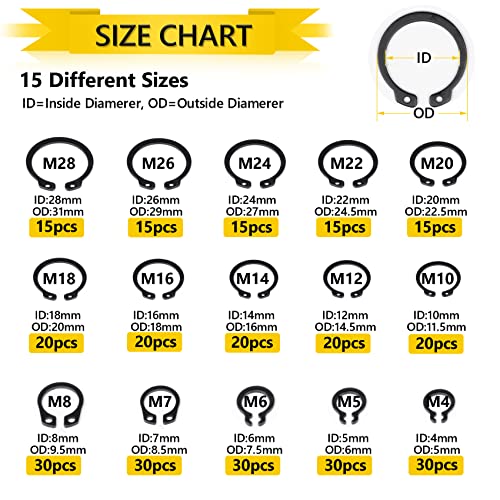 Snap Ring Set, 325Pcs Alloy Steel External Retaining Ring 15 Sizes C-Clips, Circlip Set for Axles, Shafts, and Other Moving Parts - color: Black, size: 325 pcs