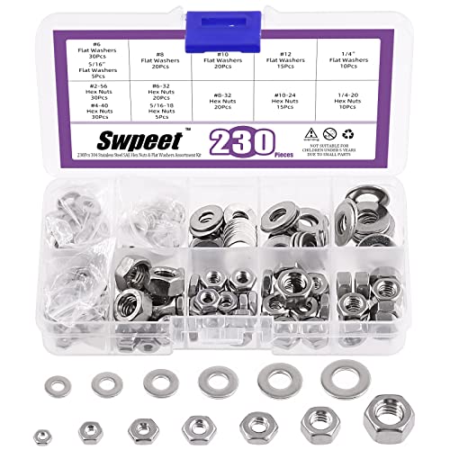 Swpeet 230Pcs SAE 304 Stainless Steel Hex Nuts and Flat Washers Assortment Kit, Coarse Thread Hexagon Nut - #6#8#10#12 1/4" 5/16" #2-56#4-40#6-32#8-32#10-24 1/4-20 5/16-18 - size: 230Pcs SAE Hex Nuts & Washers