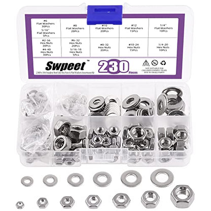 Swpeet 230Pcs SAE 304 Stainless Steel Hex Nuts and Flat Washers Assortment Kit, Coarse Thread Hexagon Nut - #6#8#10#12 1/4" 5/16" #2-56#4-40#6-32#8-32#10-24 1/4-20 5/16-18 - size: 230Pcs SAE Hex Nuts & Washers