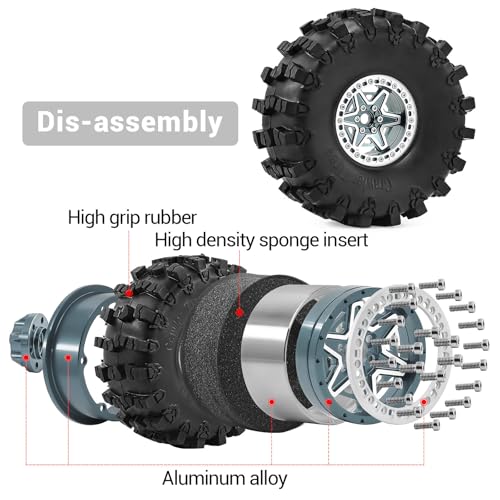 2.2" Beadlock Wheels and Tires 150mm (5.91in) for SCX10 RBX10 Wraith TRX4 1/10 RC Crawler Upgrade Parts (Titanium, 4pcs) - color: Titanium 2