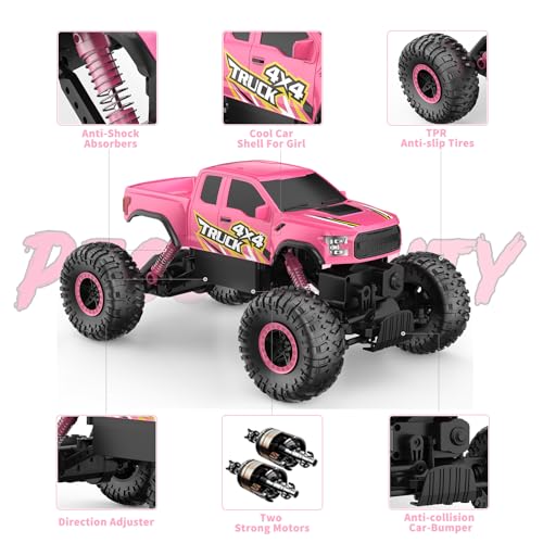Double E Pink Monster Truck Remote Control Car for Girls | Cool 4WD RC Truck Toy with Off-Road Tires, Fun Outdoor Gift for Kids Ages 6-12 - color: Pink