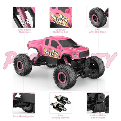 Double E Pink Monster Truck Remote Control Car for Girls | Cool 4WD RC Truck Toy with Off-Road Tires, Fun Outdoor Gift for Kids Ages 6-12 - color: Pink