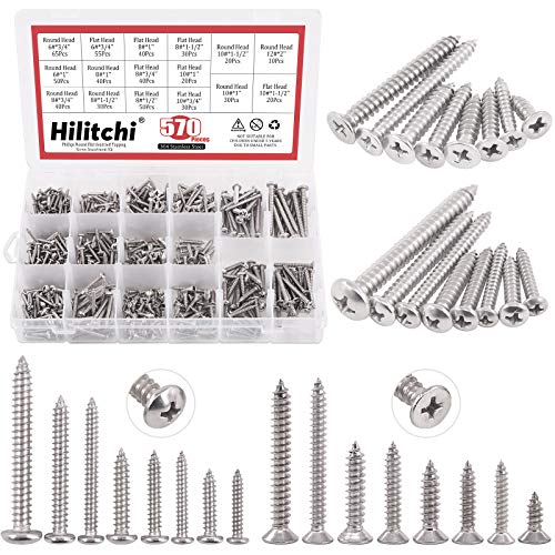 Hilitchi 570 Piece M 3 4 5 6 Stainless Steel Phillips Round Flat Head Self Tapping Screw Assortment Kit - color: silver - 570pcs
