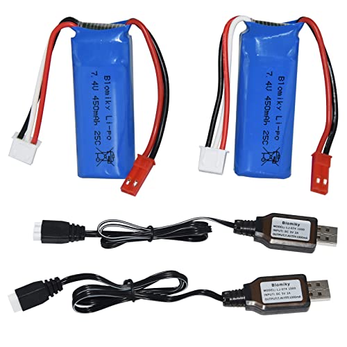 Blomiky 2 Pack 7.4V 450mAh 25C JST Plug Lipo Rechargeable Battery with Charger Cable for WLTOYS 284131 P939 K969 K979 K999 K989 P929 281431 RC Trucks K969 Battery 2