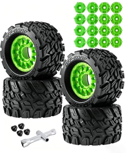 RC Truck Tires Wheel 12mm/14mm Hex for 1/10 Big Rock Granite Vortek/Stampede Rustler Hoss/Axia1/L0s1/Redca t/Rc 4wd,4-Pack RC Wheels Tires,Green - color: Green for 1/10 Arrma