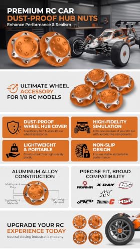 Tbest RC Hub Nut, 17mm 4Pcs Aluminium Alloy Hub Nut Wheel Accessory for 1/8 RC Car Model(Orange) Car Model Accessory Replacement Parts