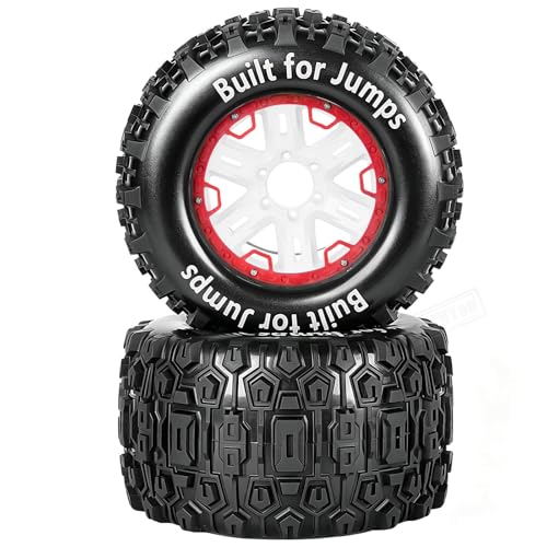 RC Wheels and Tires Set(4PCS) for 1/8 1/10 Monster Truck Tires,Traxx as/Arrm a 6S/Summi t/E Rveo/T-Maxx RC Off-Road etc,17mm Hex Tire and Wheels/Plastic Rims,Red and White - color: Red and White-(wheels Tires)