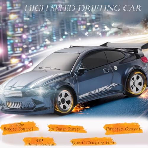 RC Drift Car, 1/64 Mini RC Remote Control Car, 2.4GHz Full Proportional RTR High Speed Micro Sports Racing Drift, 4WD HobbyFast Race Vehicle with Lights, Model Toys Gift for Kids, Boys, Adults - color: Blue