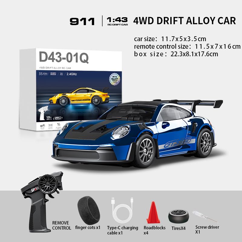 1/43 Scale RC Drift Car, 2.4G Full Proportional 4WD Remote Control Car with Gyro, Adjustable Speed & LED Lights, Alloy RC Vehicle for Adult