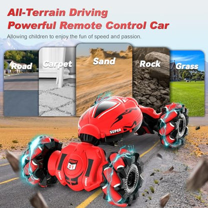 Fosgoit RC Car Toys for Boys Girls 6-12, Birthday Xmas Gifts for 6 7 8 9 10 11 12 Years Old, Gesture Sensing RC Stunt Car with Lights Music 2.4GHz 4WD Hand Remote Control 360° Rotate All-Round Drift - color: Red-black