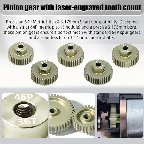 5Pcs 64P Aluminum Alloy Pinion Gear Set 3.175mm 36T 37T 38T 39T 40T Motor Pinion Gear W/ M4 Screw and Hex Key, Fit 3.175mm (1/8-Inch) Shaft, for Arrma HPI Kyosho Losi Axial Traxxas Tamiya 1/10 RC Car - size: 64P-3.175mm-36-40T