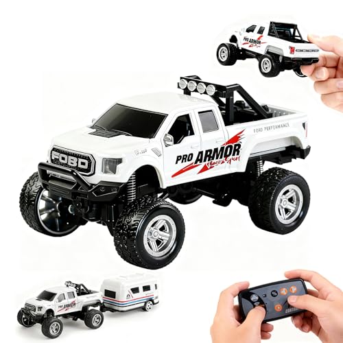 Mini RC Truck, 1/64 Scale Alloy Monster Truck Remote Control Car | 2.4GHz Control, LED Lights, 3-Speed Settings, Cruise Control,Adjustable Steering, Indoor Outdoor Toy for Kids Adults - color: White