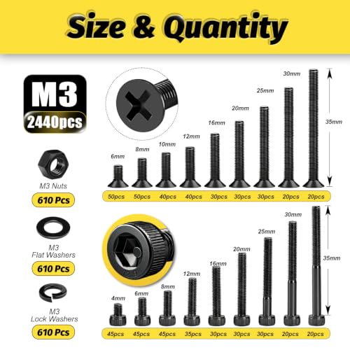 Kadrick 2440PCS M3 Screws Assortment,Hex Socket Cap & Countersunk M3 Screws | M3 Bolts With Nuts,Flat & Lock Washerss, Length From 4-35mm,Class 12.9 & 4.8 Alloy Steel,Black Zinc Plated - size: M3 2440Pcs 4-35mm