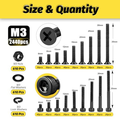Kadrick 2440PCS M3 Screws Assortment,Hex Socket Cap & Countersunk M3 Screws | M3 Bolts With Nuts,Flat & Lock Washerss, Length From 4-35mm,Class 12.9 & 4.8 Alloy Steel,Black Zinc Plated - size: M3 2440Pcs 4-35mm