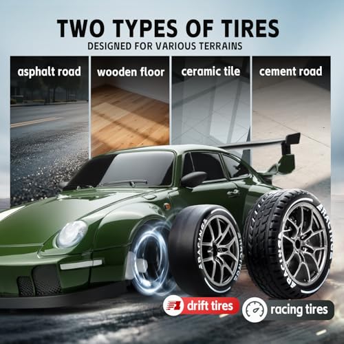 Drift RC Car Kit - 1/24 4WD 2.4GHz Remote Control Green Sports Car | with Widebody Design for Kids Beginner Drift Enthusiasts, LED Lights, Extra Racing Tires, 2 Rechargeable Batteries - color: Green