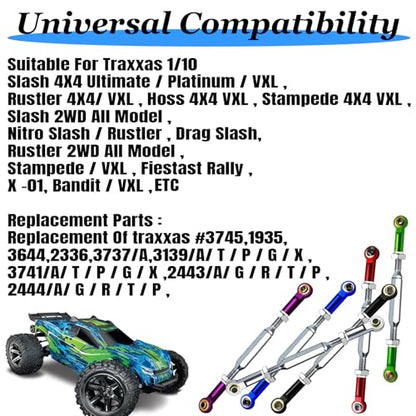 RC Suspension Links Compatible with Traxxas Slash Rustler Stampede Hoss 1/10 Scale, Adjustable Turnbuckle Links Set with Spacers & Wrench, 7PCS Upgrade Steering Links for RC Trucks,Red - color: Stainless Steel & Red