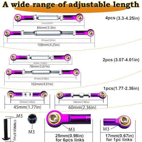 74-108mm Stainless Steel Turnbuckles Fit for 1/10 Traxxas Rustler 4X4 2WD,Adjustable Camber Links with Rod Ends for Slash 2WD 4X4,Hoss 4X4,Stampede 4X4,Bandit 2WD 4X4 Upgrades Hop Ups Parts,Purple - color: Purple