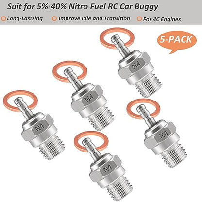 N3 N4 Hot Spark Glow Plug for RC Nitro Engines Car Truck Buggy Pack of 5，N4 Spark Plugs for Traxas T-maxx Kyosho HSP1 HPI Redcat, Powerful 70117 Nitro Engine Parts Replace OS 8