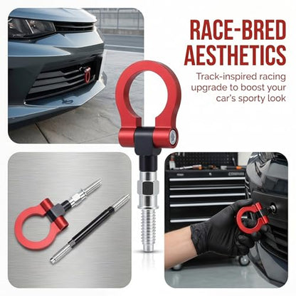 Car Front Bumper Tow Hook, Rustproof Aluminum Alloy Track Racing Style Tow Hook Ring, European Thread Screw-On Trailer Ring Eye Tows Hooks Kit, Universal Towing Trailer Puller for Cars(Red)