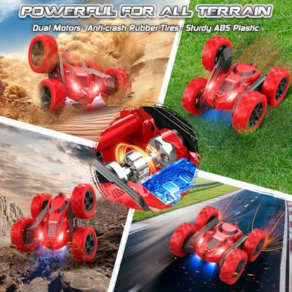 cosone Remote Control Car for Boys - Car Toy for Kids Age 6 7 8 9, 4WD 2.4Ghz Double Sided 360° Rotating RC Cars with Headlights, Christmas Birthday for Boys and Girls - Red - color: Red