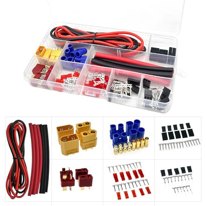 104pcs T-Plug EC3 XT60 Male Female Connector Adapters & Servo Plug Male Female Connector Crimp Pin Cable Kit +14AWG Silicone Wire for RC Battery Charger ESC Motor Accessories