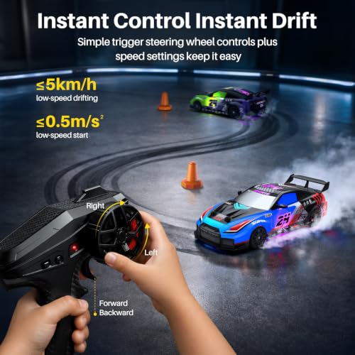 Geyiie 2 Pack RC Drift Cars for Kids, Complete 2-Player Racing Set | 1:24 scale, LED lights, 4 batteries, drift and grip tires, barriers and challenge cards for indoor racing on wood and tile