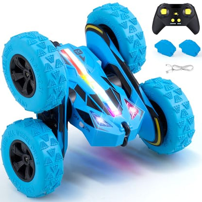 Threeking Remote Control Flip Stunt Car Double Sided Driving Crawler Toys | Quick-Swap Modular Battery Durable RC Cars with Auto Demo Breathing Soft Lights Gifts for Boys Girls Ages 6-12 - color: Blue