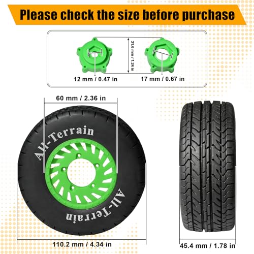 1/10 RC Short Course Truck Rubber Tires & Nylon Rims - 12mm/17mm Hex, Green | All-Terrain Tires and Wheels Compatible with 1/10 Traxxas Slash 4WD 2WD Arrma Senton Axial Losi Redcat RC Buggy, 4-Pack - color: Green