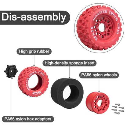 LRFHL MX28 F/R 2.8" RC Monster Truck Tires and Wheels 4PCS, Red | 12mm/14mm Hex Adapter, 1/10 RC Monster Truck, Compatible with Traxxas Stampede Rustler Redcat Arrma Vorteks Big Rock Granite - color: Red Tires+ Red Wheel-7