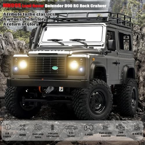 MN99S RC Rock Crawler, 1:12 Scale D90 Land Rover Defender 4WD Off-Road RC Truck with 3PCS 1200Mah Batteries, Upgraded 280 Motor 4-Link Suspension