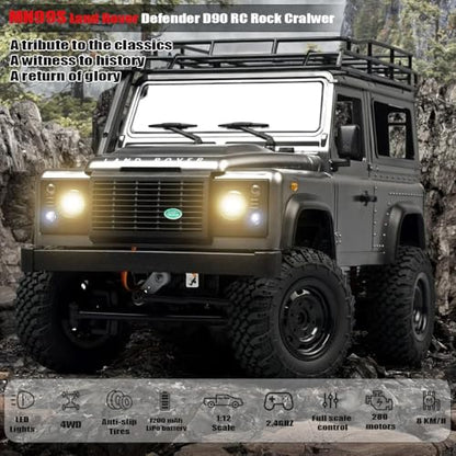 MN99S RC Rock Crawler, 1:12 Scale D90 Land Rover Defender 4WD Off-Road RC Truck with 3PCS 1200Mah Batteries, Upgraded 280 Motor 4-Link Suspension