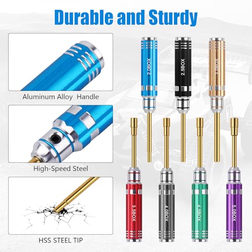 7PCS Colorful Handle Hex Nut Driver Tool Set 2.0 2.5 3.0 3.5 4.0 4.5 5.0mm | Short RC Repair Kit for 1/18 1/24 RC Crawler SCX24 TRX4M AX24