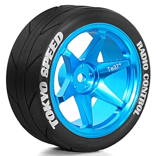 1/10 RC On Road Tires OD 65mm and Aluminum Street Wheels 12mm Hex Touring Tyres for 1:10 Rally Racing Drift Car Tamiya TT01 TT02 XV01 HPI KYOSHO HSP PTG2 Traxxas TA06 A959 PTG2 (Blue) - color: Blue