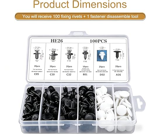 100 PCS Bumper Push Fasteners Rivet Clip Kit, ABS Retainer Expansion Screws with Removal Tool, 6 Popular Sizes Fenders/Body Fixing Clips, Universal for Most Cars, Trucks, SUVs (White)