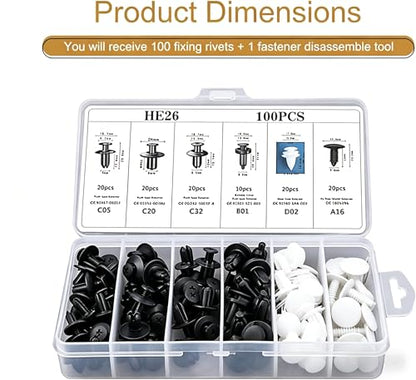 100 PCS Bumper Push Fasteners Rivet Clip Kit, ABS Retainer Expansion Screws with Removal Tool, 6 Popular Sizes Fenders/Body Fixing Clips, Universal for Most Cars, Trucks, SUVs (White)