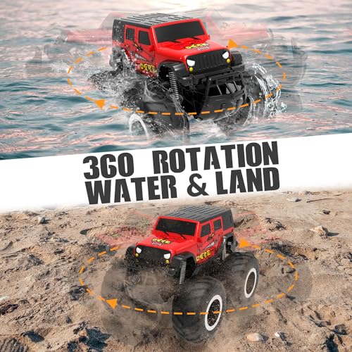 STEMTRON Amphibious Remote Control Car 1:16 All Terrain RC Monster Truck | 2.4GHz, 360° Spin, Double-Sided Water Driving, Pool & Beach Off-Road RC Car Toy, Gift for Kids - color: Red Suv, size: 1:16 Scale