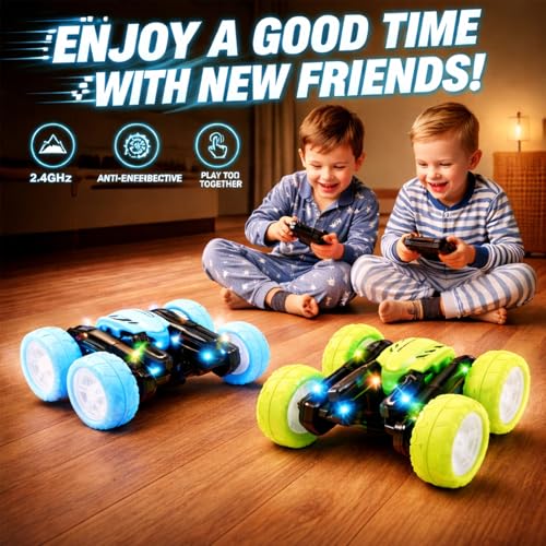 Remote Control Car for Kids, 360° Rotating Stunt Car, Double-Sided Driving, 2.4GHz RC Car, Rechargeable All-Terrain Toy, LED Glowing Wheels with Projection, for Boys & Girls Ages 4-8 - color: Blue