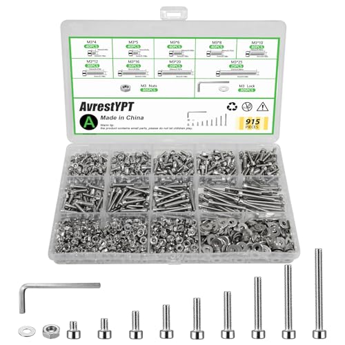 915Pcs M3 Screws Assortment, Hex Socket Head Cap Screw Bolts Nuts Washer Kit, Stainless Steel,9-Sizes M3x4/5/6/8/10/12/16/20/25mm Screws for 3D Printer DIY - size: M3x4/5/6/8/10/12/16/20/25-915Pcs