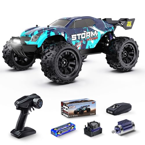 1/14 Scale Fast Brushless RC Cars,4WD Monster Truck | Max 50 MPH High-Speed, 4X4 Off-Road Vehicle, Waterproof All-Terrain Tire, 3S LiPo Battery,CNC Central Differential - color: Sky Blue