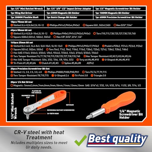 Amartisan 258-Piece Ultimate Screwdriver Bit Set,Chrome Vanadium Steel Driver Bit Set, Security bit set, Includes Bits Holder, Nut Driver, etc (Orange) - style: 258-Piece Ultimate Bit Set (Orange)