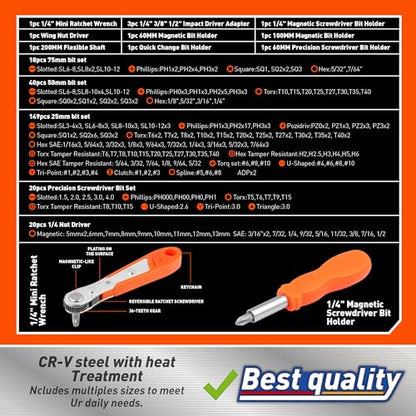 Amartisan 258-Piece Ultimate Screwdriver Bit Set,Chrome Vanadium Steel Driver Bit Set, Security bit set, Includes Bits Holder, Nut Driver, etc (Orange) - style: 258-Piece Ultimate Bit Set (Orange)