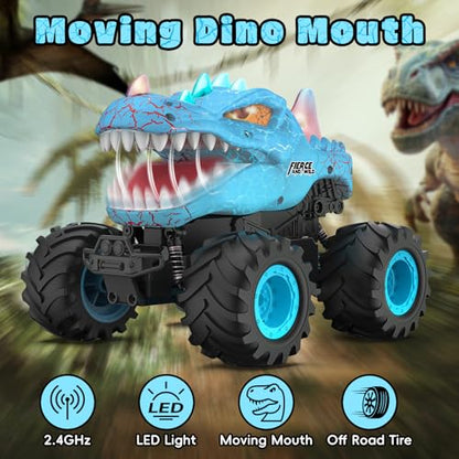 Dinosaur Remote Control Car, 2.4GHz Monster Truck Toys Rechargeable RC Cars 1:24 Scale RC Truck with LED Light Movable Mouth, Dinosaur Cars Toys for Kids Boys 6-8 8-12 Birthday Gift, Blue - color: Blue