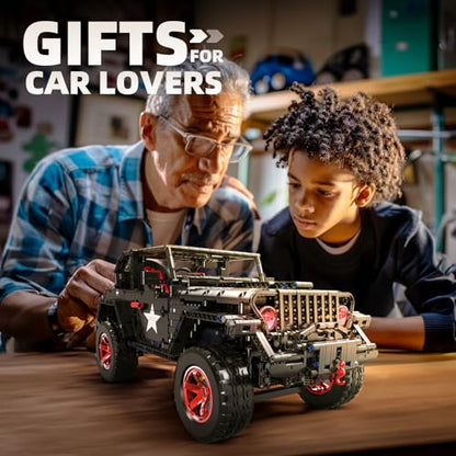 RC Off-Road SUV Wrangler Black Warrior Building Kits, 1/8 Scale Truck Car | with Remote Control Lights, Challenge Building Blocks Vehicle Gift for Technical Enthusiasts Adults & Teens Age 14+ (2272PCS)