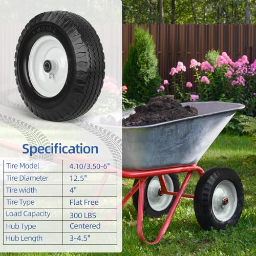 4.10/3.50-6 Flat Free Tire and Wheel, 12" Solid Wheel, 3"-3.5''-4.5'' Centered Hub, and 3/4" & 5/8" Bearings, Replacement for Lawnmower, Wheelbarrow, All Purpose Utility Tire on Wheel