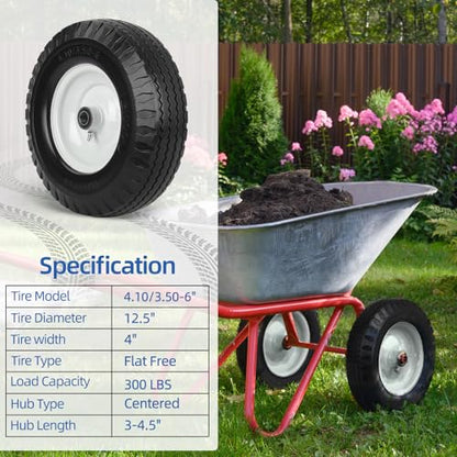 4.10/3.50-6 Flat Free Tire and Wheel, 12" Solid Wheel, 3"-3.5''-4.5'' Centered Hub, and 3/4" & 5/8" Bearings, Replacement for Lawnmower, Wheelbarrow, All Purpose Utility Tire on Wheel