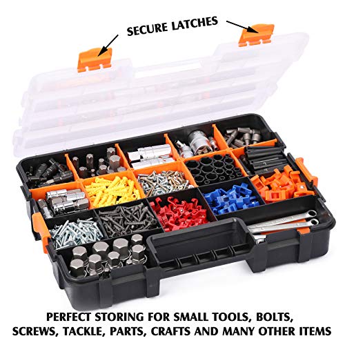 MIXPOWER 15-inch 2pcs Toolbox Organizer Sets, 20 Removable Dividers, Durable Plastic Box, Excellent for Screws, Nuts, Small Parts, 34-Compartment Black/Orange 2 Pieces Set - size: Black/Orange