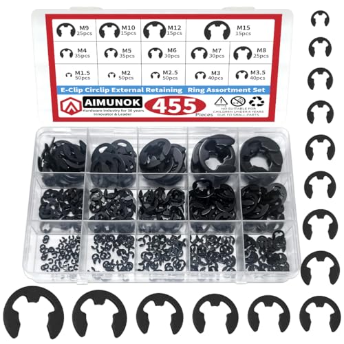 455Pcs E-Clip External Retaining Rings Snap Rings Assortment Set, High Carbon Steel C-Clip Kit, 14 SAE Sizes Circlip Snap Rings M1.5- M15 - size: 455pcs E-clip Carbon Steel