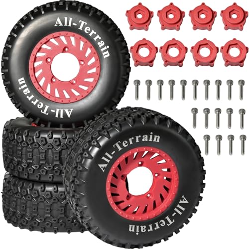 1/10 RC Short Course Truck Wheel Tires Set- 12mm/17mm Hex, Red | All-Terrain Tires and Nylon Wheels Compatible with 1/10 Traxxas Slash 4WD 2WD Arrma Senton Axial Losi Redcat RC Buggy, 4-Pack - color: Red
