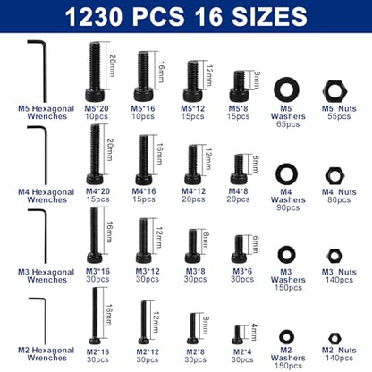 1230PCS Metric Screw Assortment Kit M2 M3 M4 M5 | 12.9 Grade Alloy Steel, Hex Socket Head Cap Bolts Nuts Washers Set, Black Zinc Plated Anti-Rust Screws for 3D Printer DIY - size: M2 M3 M4 M5